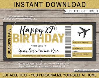 25th Birthday Boarding Pass Template: Surprise Trip Gift (EDITABLE TEXT DOWNLOAD)