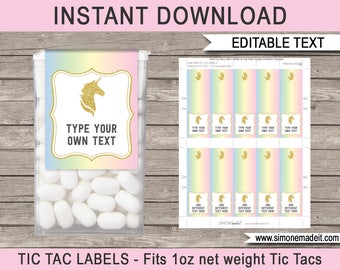 Unicorn Theme Party Favors - Printable Tic Tac Labels - Unicorn Birthday Party Template - INSTANT DOWNLOAD with EDITABLE text