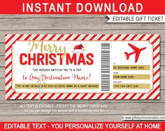Christmas Plane Ticket Template, Printable Boarding Pass, Surprise Trip Reveal, Holiday Gift Voucher - INSTANT DOWNLOAD with EDITABLE text