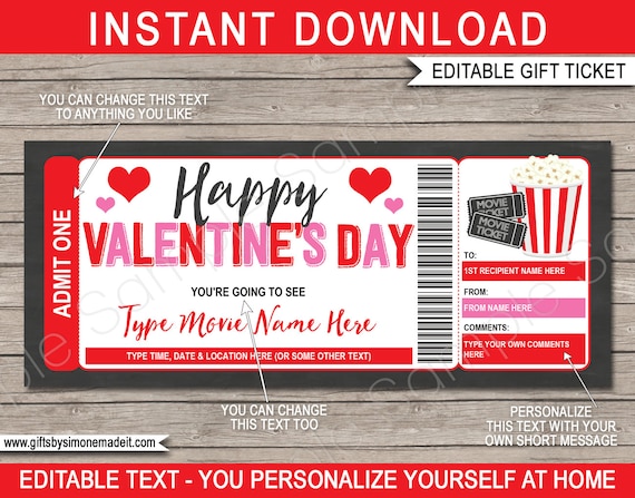Movie Ticket Template Gift Voucher Certificate Card - Valentines Day Movie Night Family Friends - Cinema Theatre Premier - EDITABLE Text Il_570xn