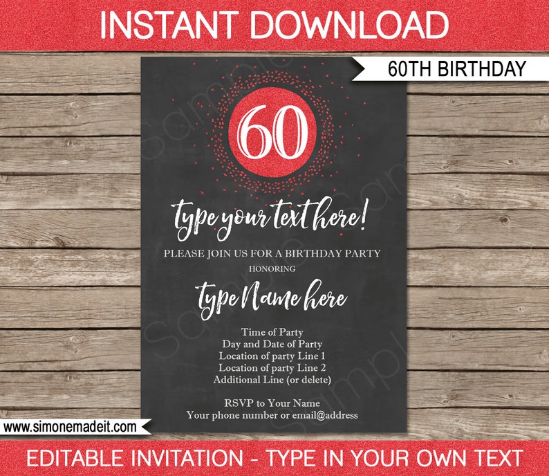 60th Birthday Invitation Template Chalkboard & Red Glitter INSTANT DOWNLOAD with EDITABLE text you personalize at home image 1