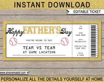 Baseball Ticket Father's Day Gift Voucher - Printable Surprise Baseball Game Ticket Certificate Card Coupon for Dad - EDITABLE TEXT DOWNLOAD