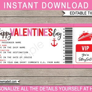 Plantilla de boleto de regalo para crucero del Día de San Valentín - Tarjeta de embarque imprimible - Idea de revelación de crucero sorpresa - DESCARGA INSTANTÁNEA con texto EDITABLE