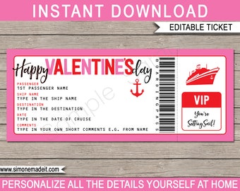 Valentines Day Cruise Gift Ticket Template - Printable Boarding Pass - Surprise Cruise Reveal Idea - INSTANT DOWNLOAD with EDITABLE text