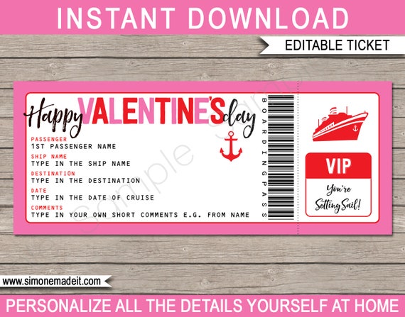 Valentines Day Cruise Gift Ticket - Boarding Pass - Surprise Cruise, Getaway - Printable Gift Voucher - INSTANT DOWNLOAD with EDITABLE text Il_570xn