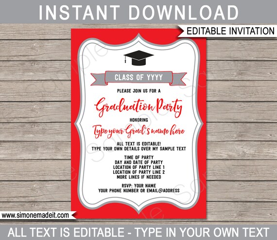 Graduation Invitations - Grad Party Invite - red & gray / silver - for Any Year - INSTANT DOWNLOAD with EDITABLE text - you personalize Il_570xn