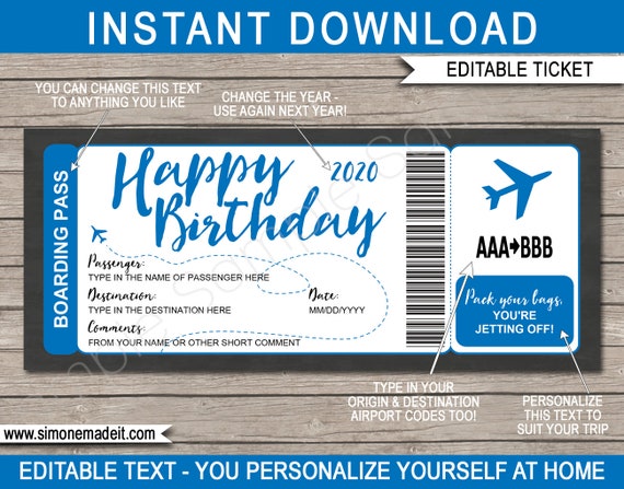 Printable Boarding Pass Surprise Trip Reveal Birthday Gift Template - Faux Fake Boarding Pass - Blue - INSTANT DOWNLOAD - EDITABLE text Il_570xn