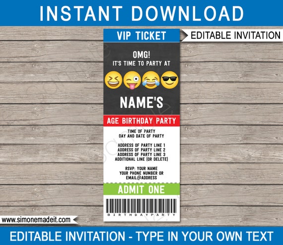 Boys Emoji Ticket Invitation Template - Emoji Birthday Party - Printable Invite - Emoticon - Emojional - INSTANT DOWNLOAD with EDITABLE text Il_570xn
