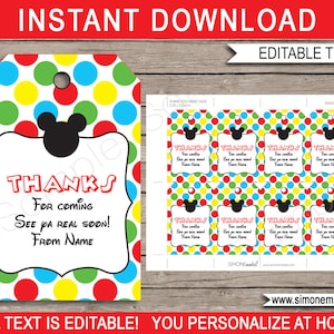 Mickey Mouse Favor Tags Template - Printable Birthday Party Thank You Tags - Favors - INSTANT DOWNLOAD with EDITABLE text - you personalize