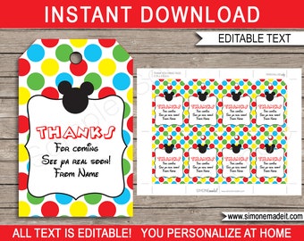 Mickey Mouse Favor Tags Template - Printable Birthday Party Thank You Tags - Favors - INSTANT DOWNLOAD with EDITABLE text - you personalize