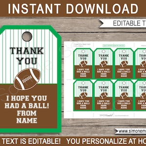 Football Favor Tags Template - Thank You Tags - Team or Birthday Party Favors - INSTANT DOWNLOAD - EDITABLE text - you personalize at home