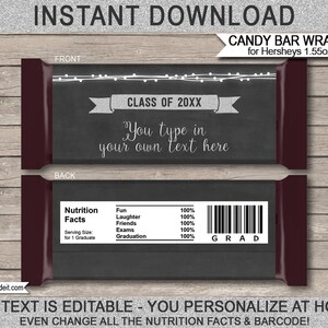 Puede incluir: Envoltorios de barritas de chocolate imprimibles para una fiesta de graduaci&oacute;n. Los envoltorios est&aacute;n dise&ntilde;ados para parecerse a una pizarra con texto blanco. El frente del envoltorio dice "Clase de 20XX" y "Usted escribe su propio texto aqu&iacute;". La parte posterior del envoltorio tiene una etiqueta de informaci&oacute;n nutricional con un c&oacute;digo de barras. El texto en el envoltorio dice "Todo el texto es editable - usted personaliza en casa. &iexcl;Incluso cambie todos los datos nutricionales y el c&oacute;digo de barras!"