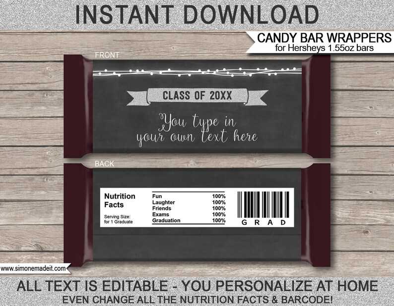 Puede incluir: Envoltorios de barritas de chocolate imprimibles para una fiesta de graduaci&oacute;n. Los envoltorios est&aacute;n dise&ntilde;ados para parecerse a una pizarra con texto blanco. El frente del envoltorio dice "Clase de 20XX" y "Usted escribe su propio texto aqu&iacute;". La parte posterior del envoltorio tiene una etiqueta de informaci&oacute;n nutricional con un c&oacute;digo de barras. El texto en el envoltorio dice "Todo el texto es editable - usted personaliza en casa. &iexcl;Incluso cambie todos los datos nutricionales y el c&oacute;digo de barras!"