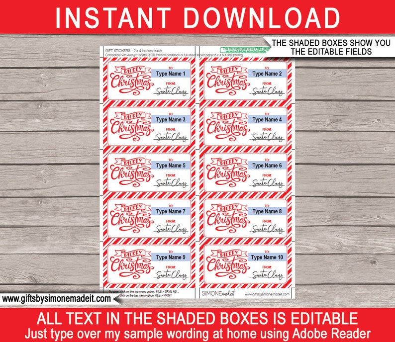 Santa Gift Tags Template Printable Christmas Labels Stickers Tags - from Santa Claus - INSTANT DOWNLOAD with EDITABLE Names