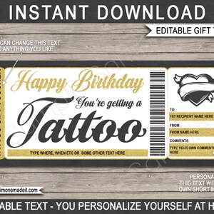 Tattoo Zertifikat Vorlage Geburtstag Geschenkkarte Gutschein Ticket Coupon - Herz Design - Get Inked - EDITIERBARER TEXT DOWNLOAD