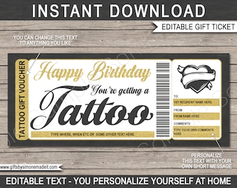 Modello di certificato di tatuaggio Buono regalo di compleanno Biglietto voucher Coupon carta stampabile - Design cuore - Ottieni inchiostrato - DOWNLOAD TESTO MODIFICABILE