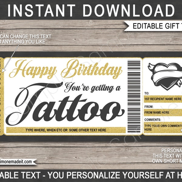 Tattoo Certificate Template Birthday Gift Card Voucher Ticket Printable Card Coupon - Heart Design - Get Inked - EDITABLE TEXT DOWNLOAD