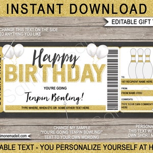 Bowling Birthday Gift Ticket: Editable Text, DIY Coupon (Download)