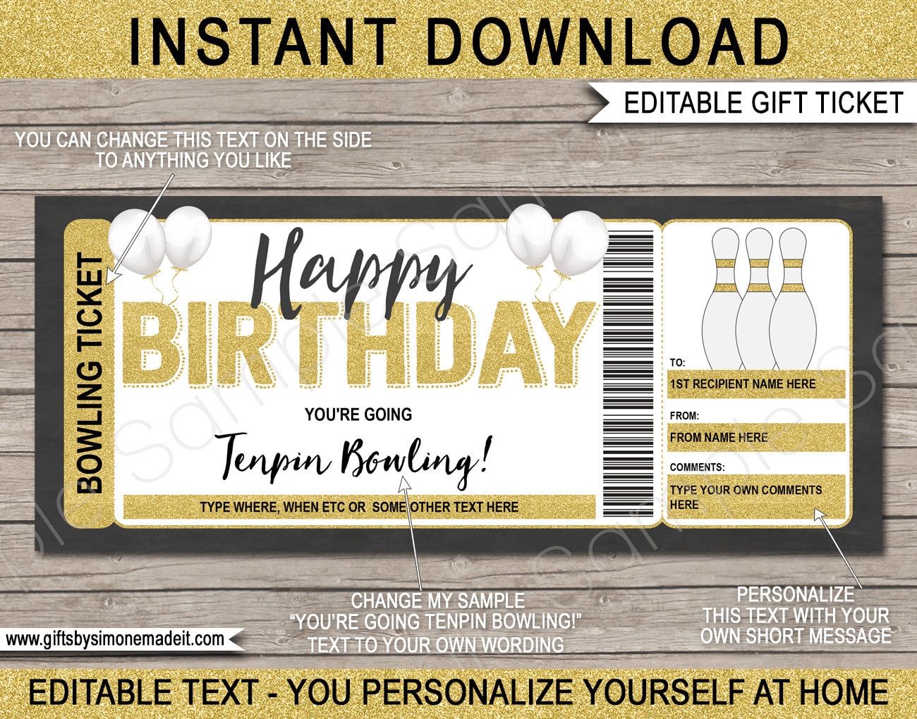 Bowling Ticket Gift Certificate Voucher Card Template Etsy