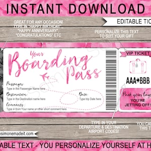 Modelo de cartão de embarque para presente de passagem de avião para impressão - Viagem de festa surpresa para meninas - Revelação de viagem de férias de destino de férias - DOWNLOAD INSTANTÂNEO