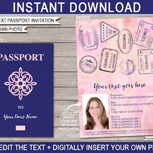 Convites de passaporte - Festa de aniversário, chá de panela do bebê, aniversário, mudança, doce 16, destino de aposentadoria - convite para impressão - EDITÁVEL
