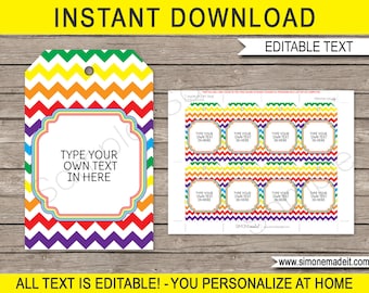 May include: Printable gift tags with a rainbow chevron pattern. The tags have a space to type "Type your own text in here".