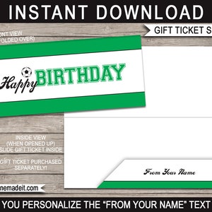 Printable Sleeve / Envelope for Birthday Soccer Gift Tickets, Vouchers, Coupons - Happy Birthday - EDITABLE TEXT DOWNLOAD you personalize