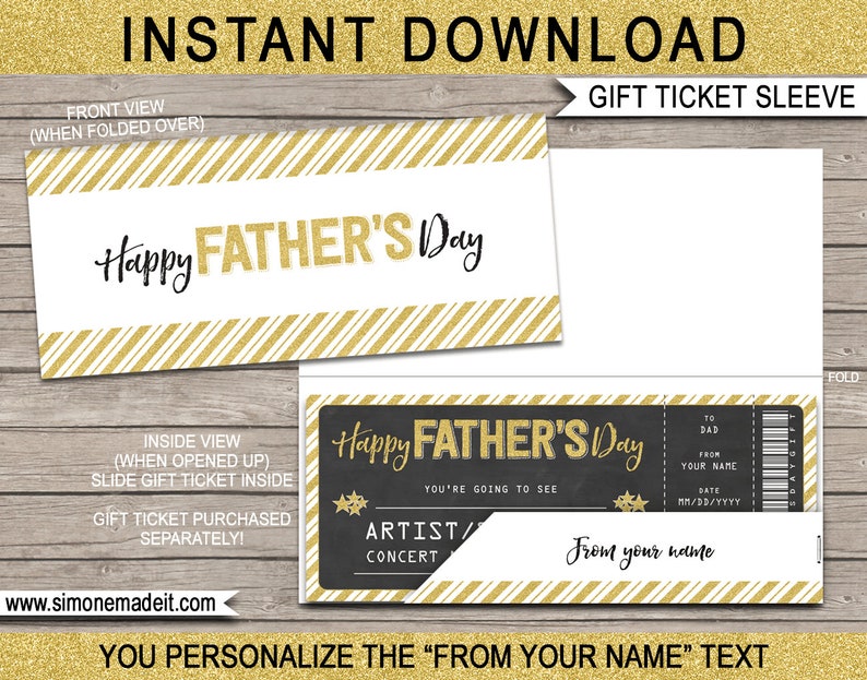 printable fathers day ticket sleeve template with gold glitter etsy