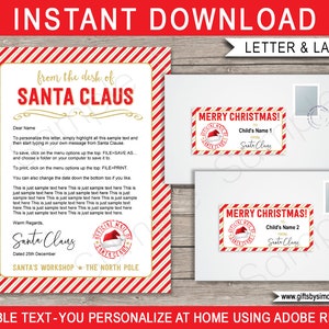 Carta imprimible de Santa y plantilla de etiquetas de sobre - Desde el escritorio de Santa Claus - Correo oficial del Polo Norte - DESCARGA INSTANTÁNEA editable
