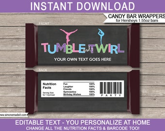 Gymnastics Party Candy Bar Wrappers: Editable Chocolate Label (Digital Download)