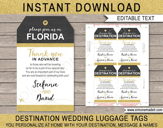 thank you in advance luggage tags template destination wedding gold diy printable save the date instant download with editable text by simonemadeit catch my party