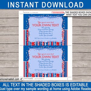 May include: Editable 5x7 inch invitation template with a red, white and blue patriotic theme. The template features a blue background with white stars and red and white stripes. The text on the template is customisable and includes the words "Type your own text" and "Your Own Text".