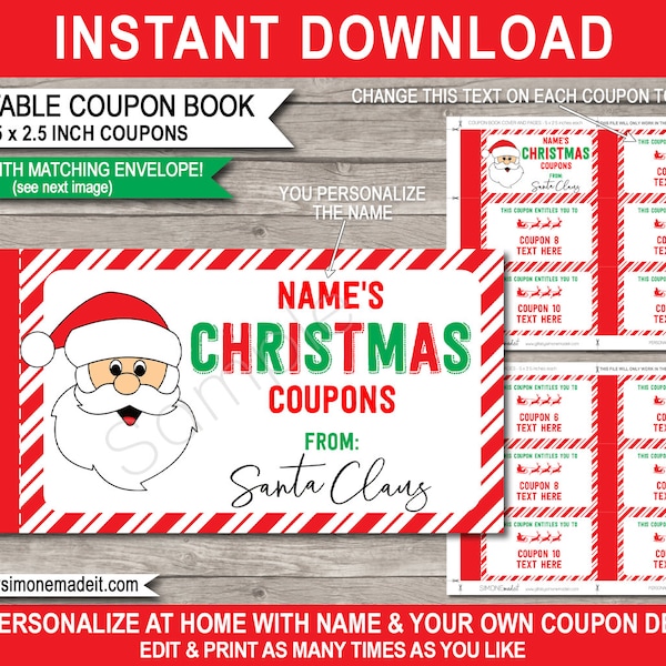 Christmas Coupon Book Template with Envelope - From Santa Gift Last Minute Personalized Gift Vouchers - INSTANT DOWNLOAD with EDITABLE Name