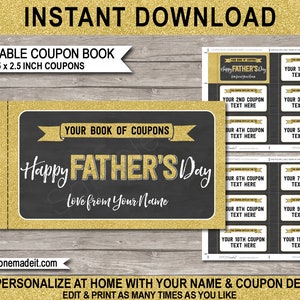 Fathers Day Coupon Book Printable Template - Personalized Gift Voucher, Card for Dad - Gold Glitter - EDITABLE TEXT DOWNLOAD