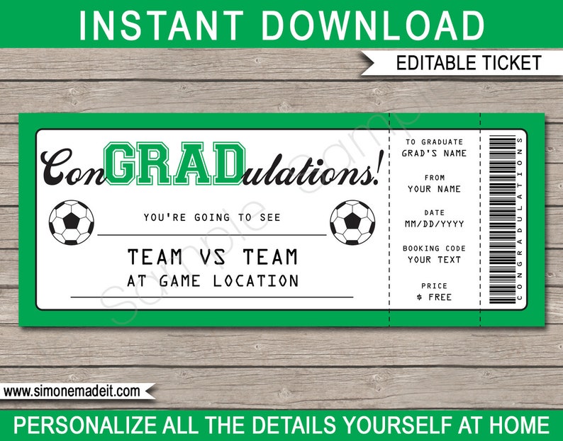 EDITABLE text download Grad Gift Voucher Surprise Ticket to a Soccer Game Soccer Game Ticket Graduation Gift Printable template