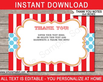 Carnival Thank You Cards - Printable Thank You Notes - Carnival or Circus Theme - Favor Tags - 4x6 inch - INSTANT DOWNLOAD - EDITABLE text