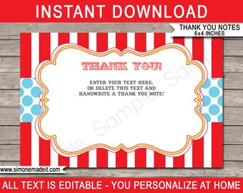 May include: A printable thank you note with a circus theme. The card features red and white stripes, blue polka dots, and a decorative frame. Text includes "THANK YOU!" and instructions to personalize the note.