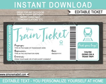 DIY Printable Editable Train Ticket Surprise Fake Boarding Pass Trip Gift - Aqua Destination Coupon - INSTANT DOWNLOAD with Editable Text