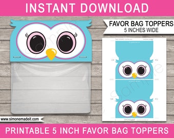 Peut inclure: Toppers de sacs cadeaux imprimables représentant un hibou bleu avec des paupières roses et un bec jaune. Les toppers mesurent 12,7 cm de large et peuvent être utilisés pour les anniversaires, les baby showers ou d'autres occasions spéciales.