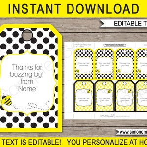 Bee Favor Tags Template - Printable Birthday Party Thank You Tags - Baby Shower - INSTANT DOWNLOAD - EDITABLE text