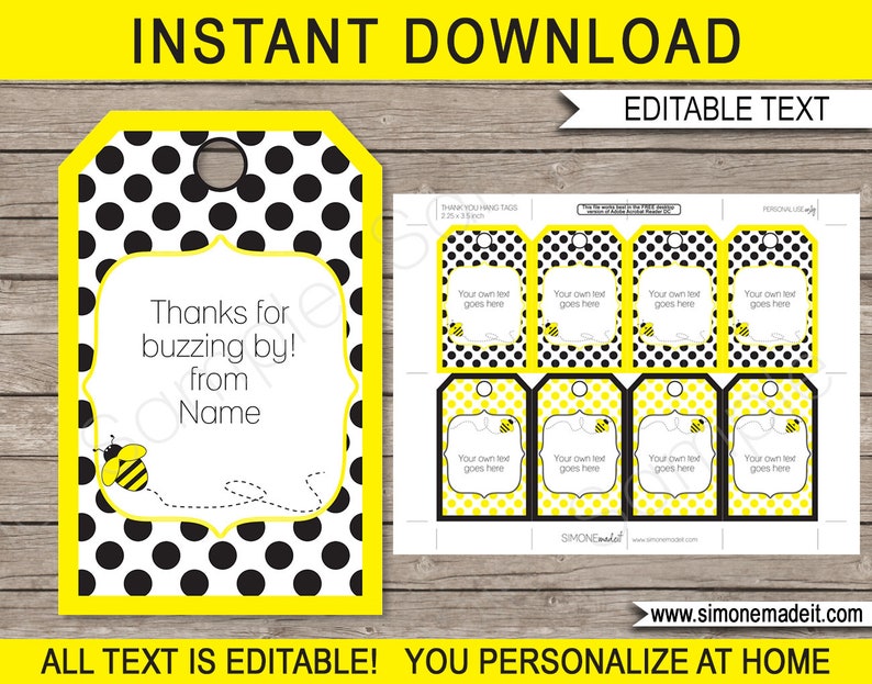 Bee Favor Tags Template Printable Birthday Party Thank You Tags Baby Shower INSTANT DOWNLOAD EDITABLE text image 1