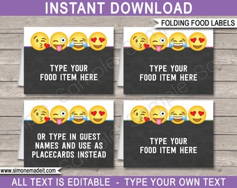 Emoji Food Labels Template - Printable Emoji Theme Birthday Party Decorations - Folding Buffet Tags - Place Cards - EDITABLE TEXT DOWNLOAD