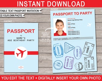 Passport Invitations - Printable Photo Invite - Airplane Theme Birthday Party - INSTANT DOWNLOAD - EDITABLE text - you personalize at home