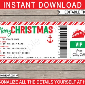 Weihnachtskreuzfahrt Geschenkkarten Vorlage - Druckbare Bordkarte - Surprise Cruise Reveal Voucher - INSTANT DOWNLOAD mit EDITIERBARE Text