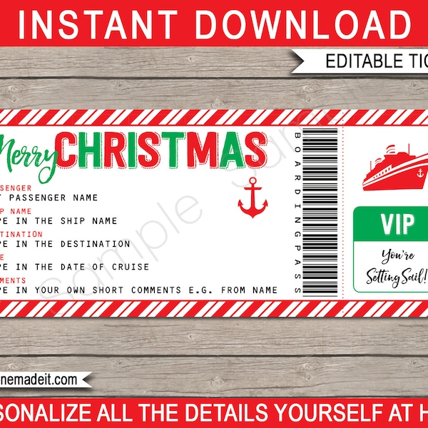 Christmas Cruise Gift Ticket Template - Printable Boarding Pass - Surprise Cruise Reveal Voucher - INSTANT DOWNLOAD with EDITABLE text