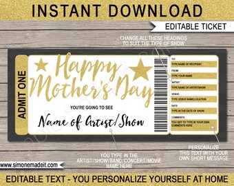 Mothers Day Concert Ticket Template - Gift Voucher Card Coupon Certificate Printable - Fake Surprise Concert Ticket - EDITABLE text DOWNLOAD