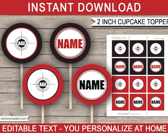 May include: Printable 2 inch cupcake toppers with a target design. The toppers are black and red with white text that says "NAME" and "AGE".