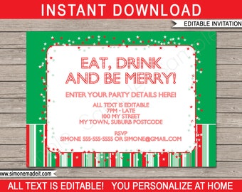 Christmas Invitation Template - Printable Xmas Party Invite - Open House Drinks, Family, Friends, Cocktails - INSTANT DOWNLOAD text EDITABLE