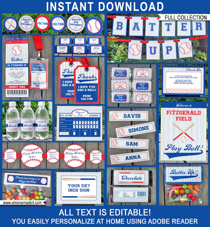 May include: A printable baseball-themed party collection with blue and red stripes, baseballs, bats, and the text "Batter Up!" and "Welcome to Fitzgerald Field".