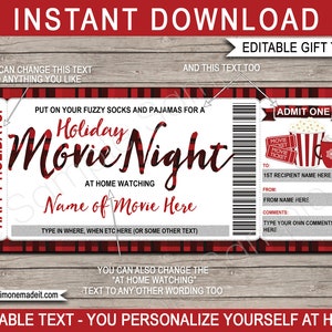Familienurlaub Film Nacht Ticket Gutschein Zertifikat Vorlage - Fuzzy Socken Schlafanzug Popcorn Hot Cocoa - INSTANT DOWNLOAD - EDITIERBARER Text